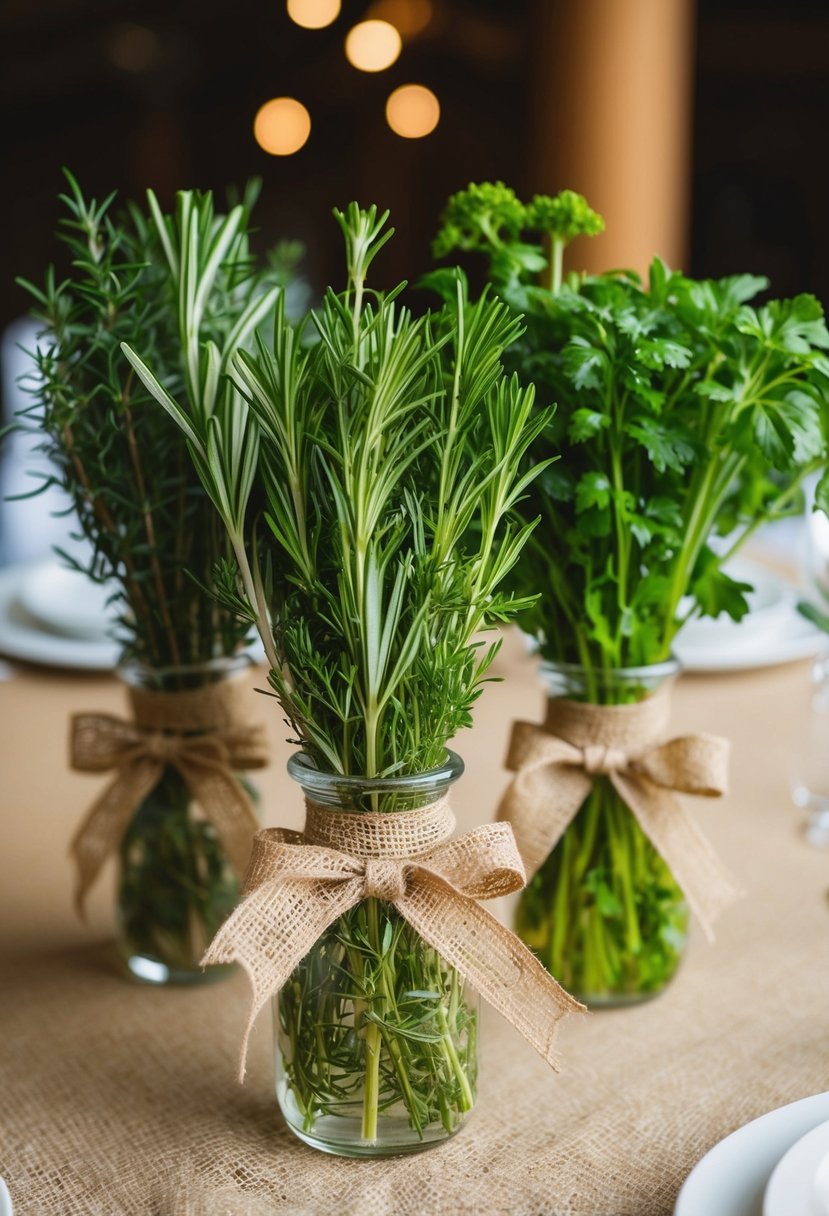 Fresh herbs tied with rustic burlap ribbons, arranged on a wedding table