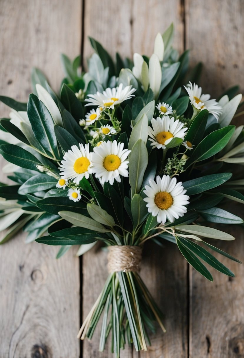 A bouquet of olive leaves and daisies arranged in a rustic, natural style