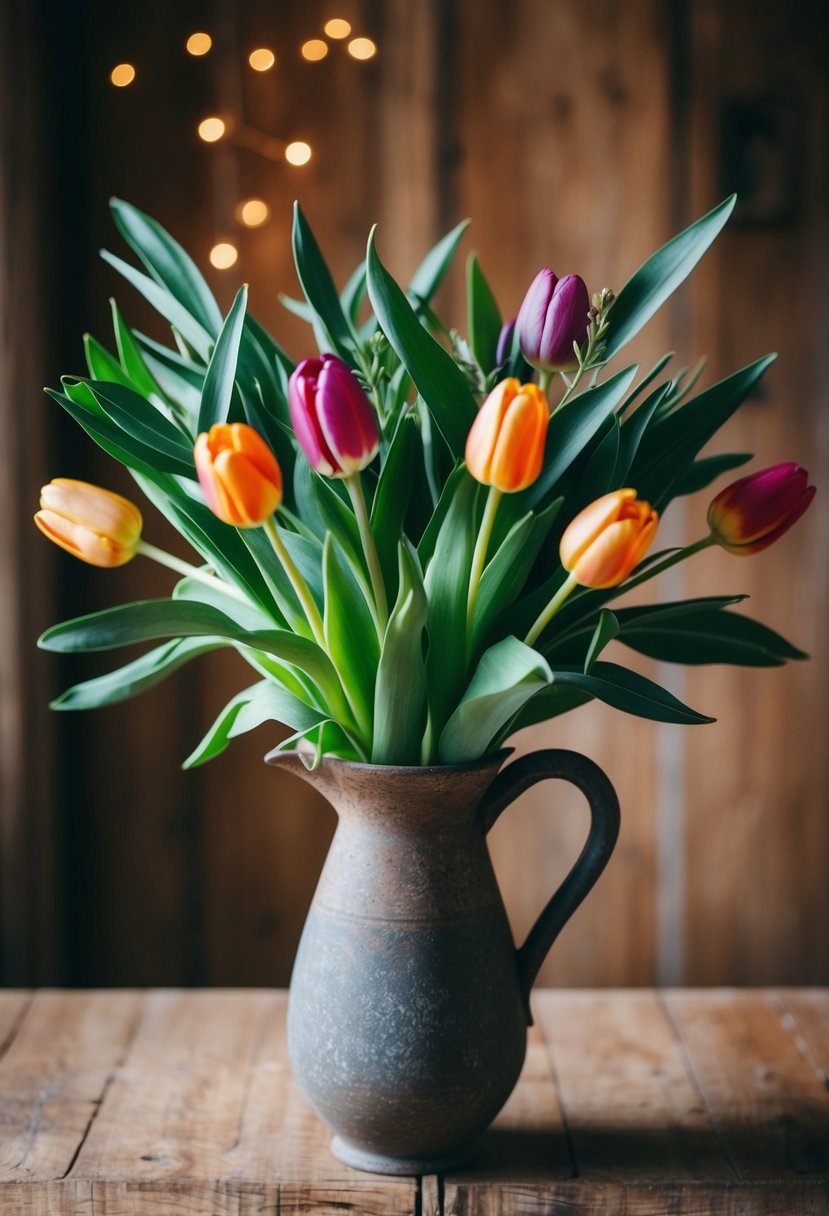 A bouquet of olive leaves and tulips arranged in a rustic vase