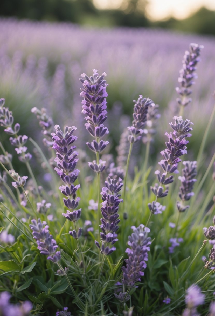 A lush meadow of lavender and mauve wildflowers, with delicate stems and petals intertwined in a natural bouquet