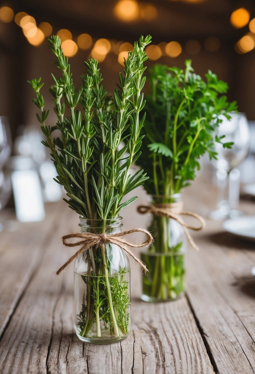 Herb sprigs tied with twine on rustic wedding table