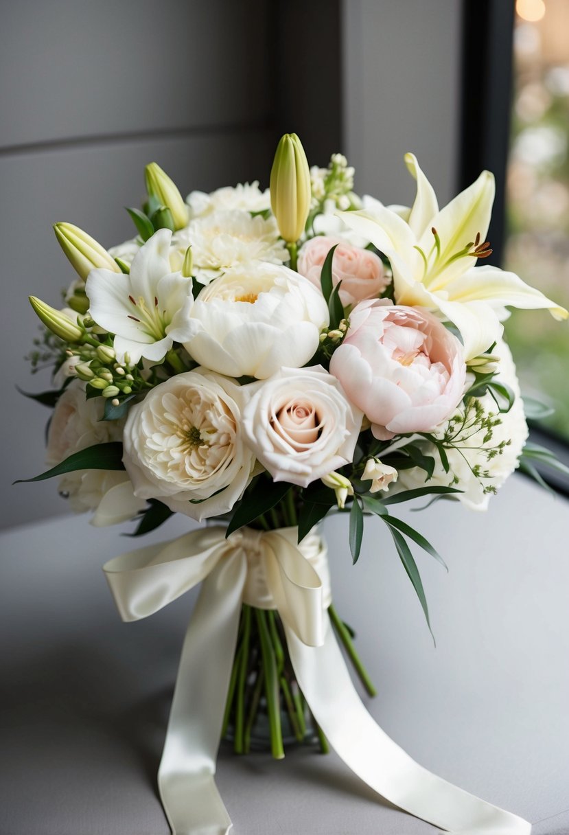 A delicate ivory wedding bouquet with roses, peonies, and lilies, tied with a satin ribbon