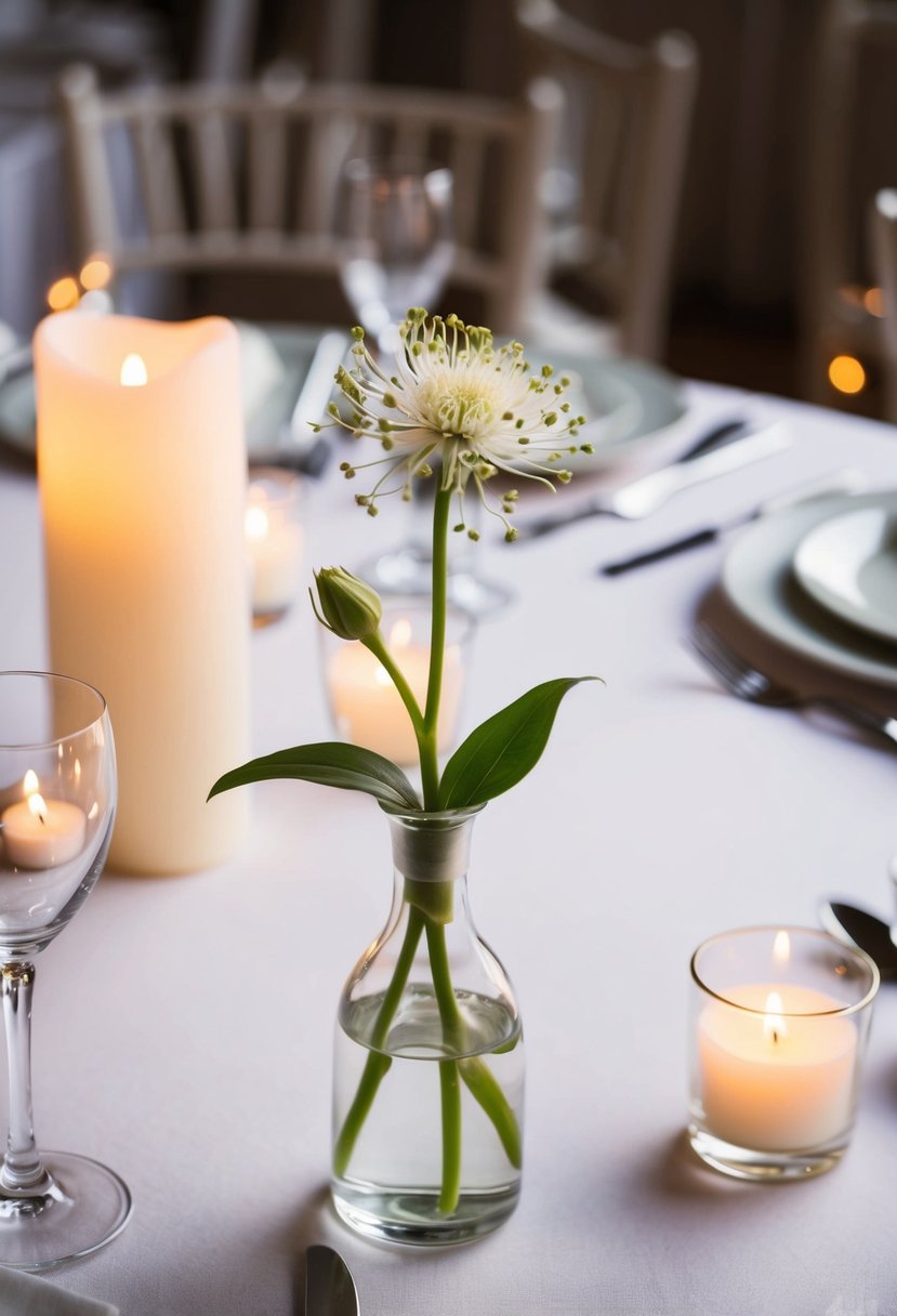 A single bud vase with a delicate flower sits on a wedding table, surrounded by soft candlelight and elegant place settings