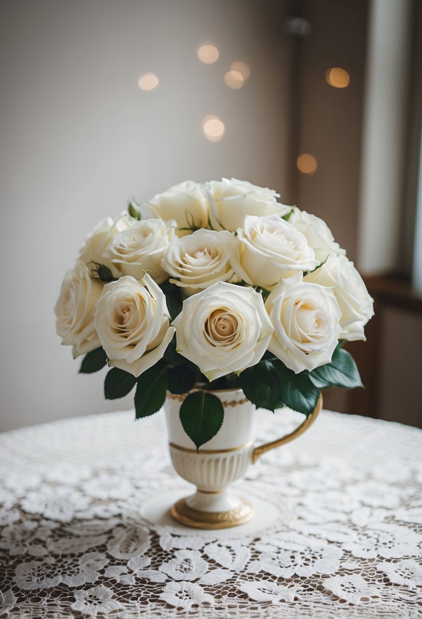 A delicate ivory wedding bouquet of classic garden roses nestled in a vintage-inspired vase on a lace-covered table