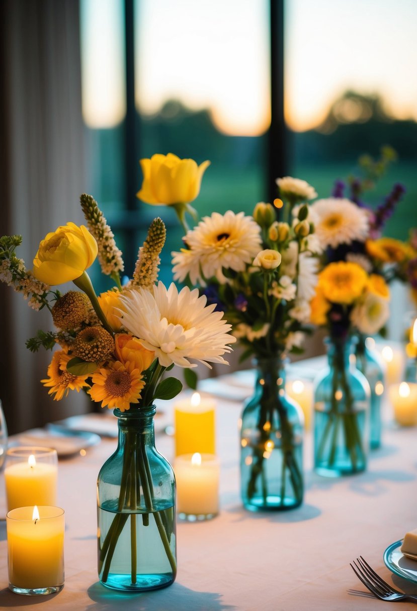 Multiple bud vases with assorted flowers and candles casting a romantic glow on a wedding table