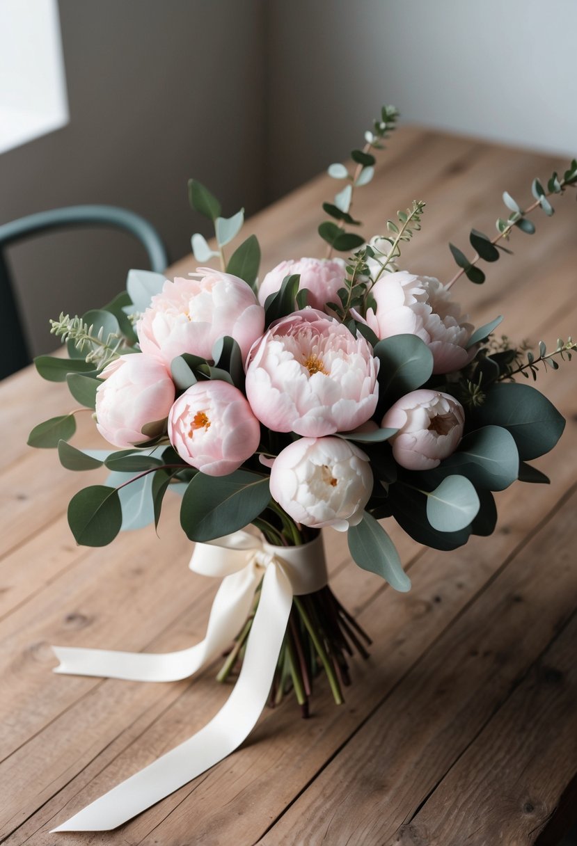 A delicate bouquet of blushing peonies and eucalyptus leaves, tied with ivory ribbon, sits on a rustic wooden table