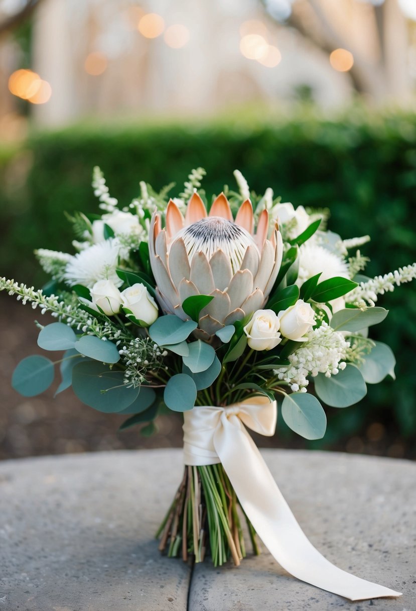 A beautiful ivory wedding bouquet featuring a mix of elegant protea flowers, surrounded by delicate greenery and tied with a satin ribbon