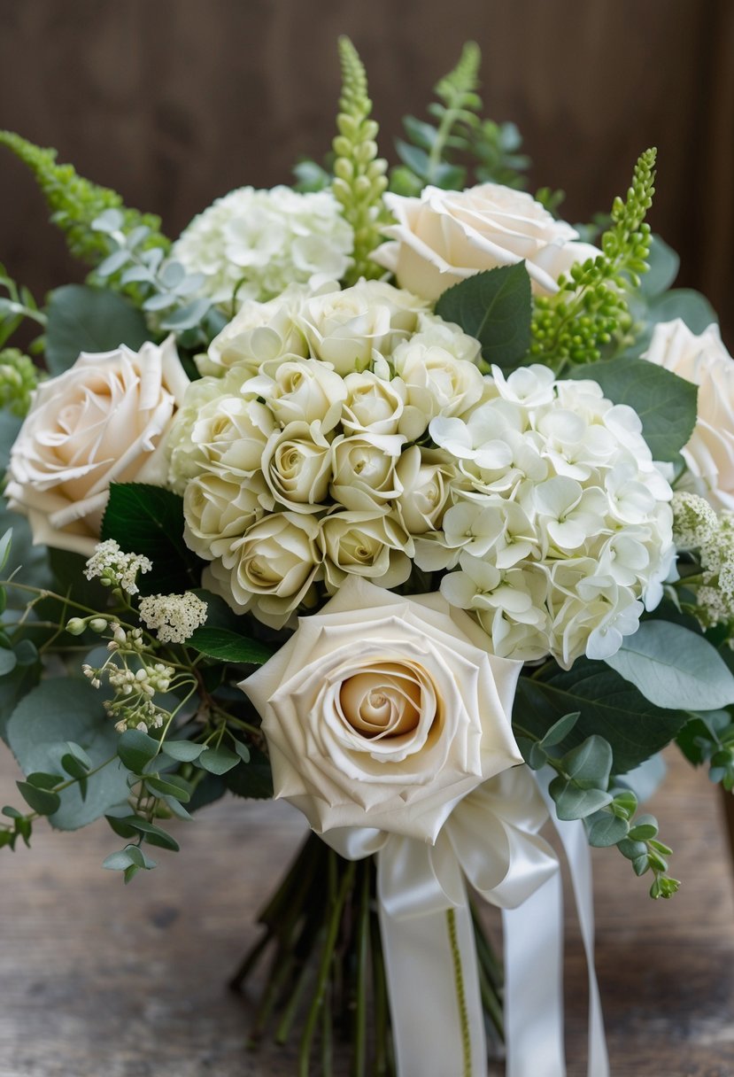 A delicate bouquet of silk roses and hydrangeas in ivory tones, arranged in a cascading style with greenery and ribbon accents