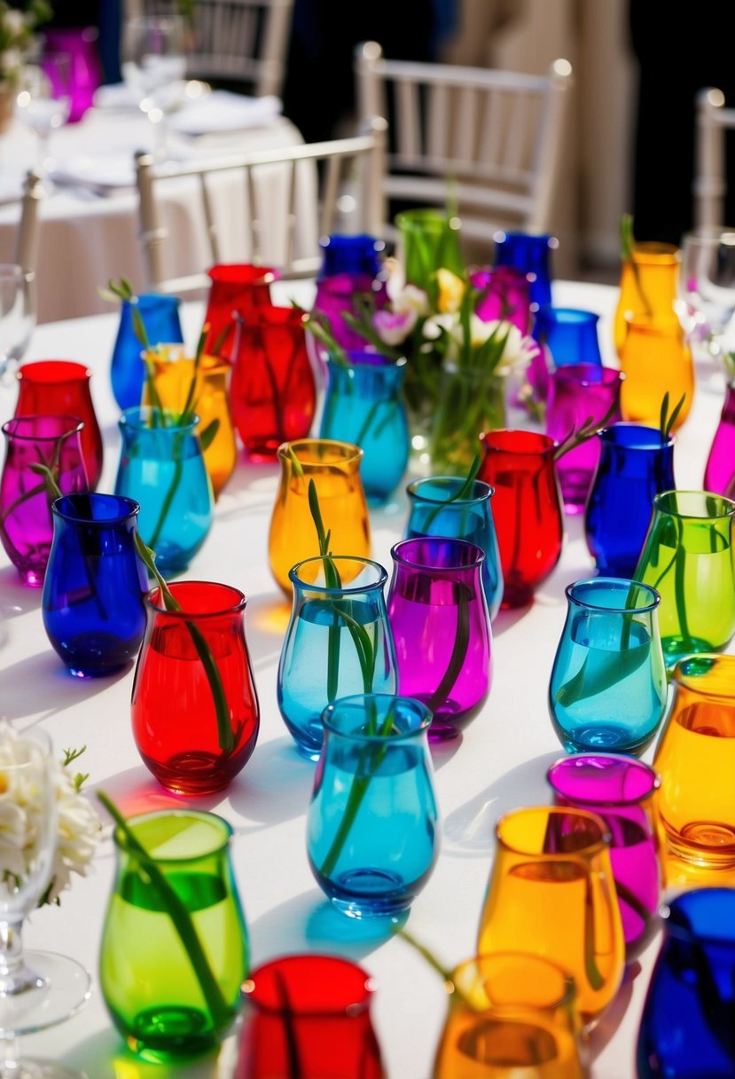 Clusters of colorful bud vases arranged in a dynamic pattern on a wedding table, creating a vibrant and lively centerpiece