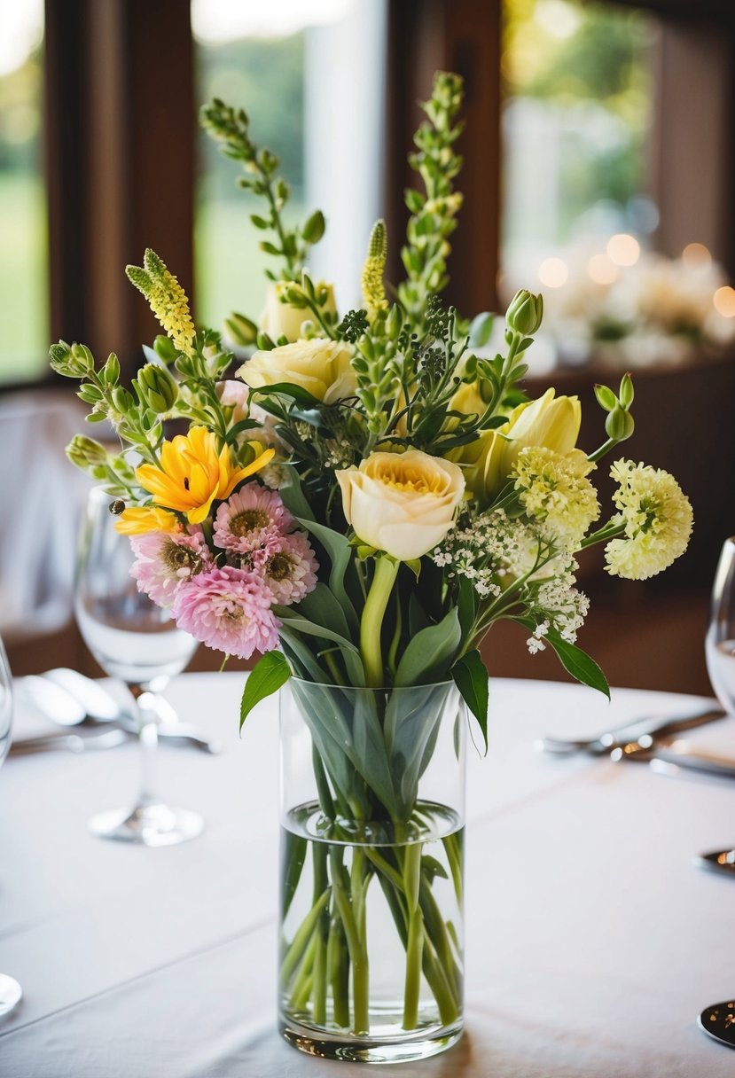 A bud vase filled with seasonal flowers sits on a wedding table, adding a touch of natural beauty to the decor