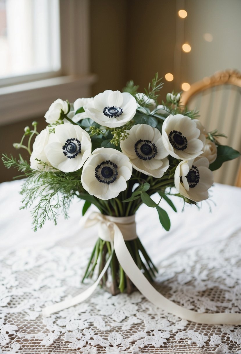 A vintage-inspired ivory bouquet of anemones, with delicate greenery and ribbon, sits on a lace tablecloth