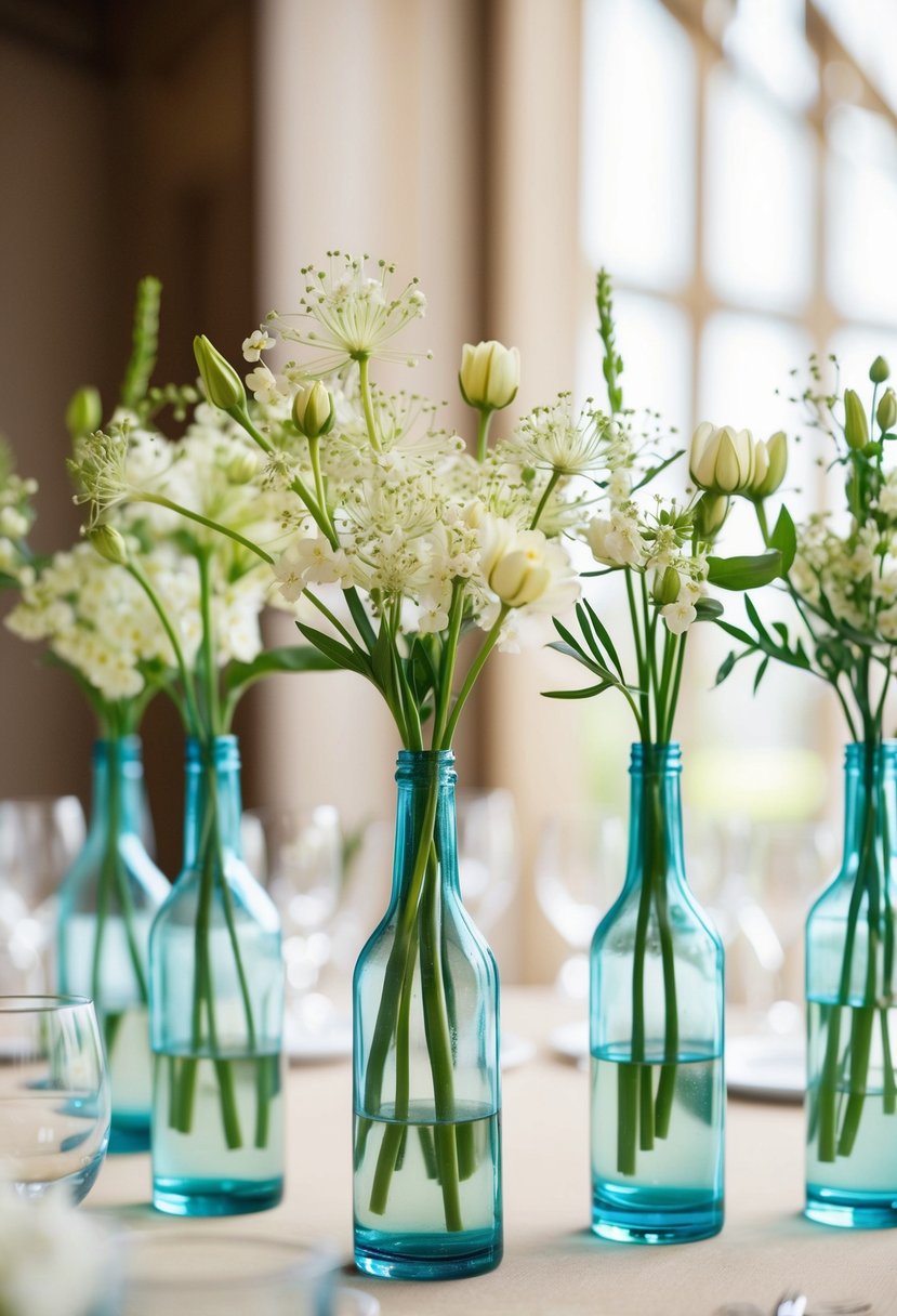 A cluster of bud vases in different heights, filled with delicate blooms, arranged on a wedding table for visual interest