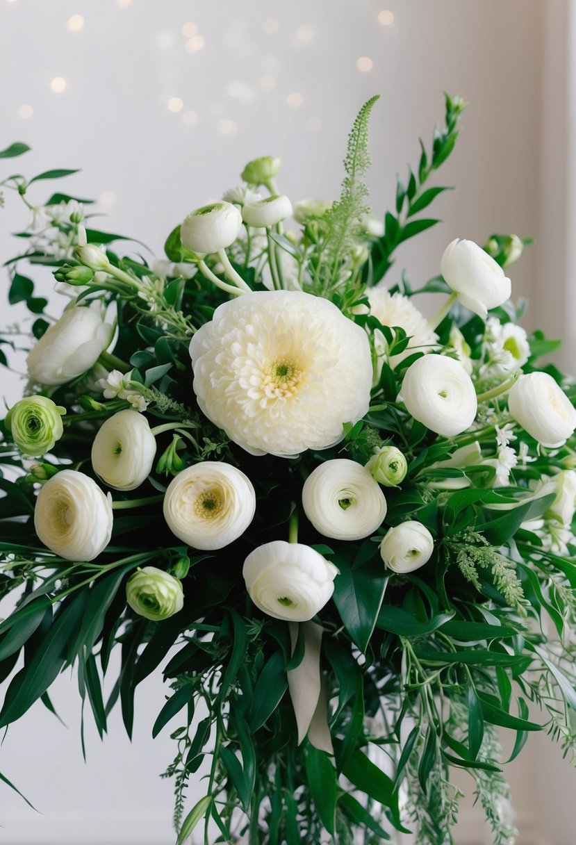 A bountiful bouquet of ivory Stock and Ranunculus blooms, intertwined with lush green foliage, arranged in a cascading style