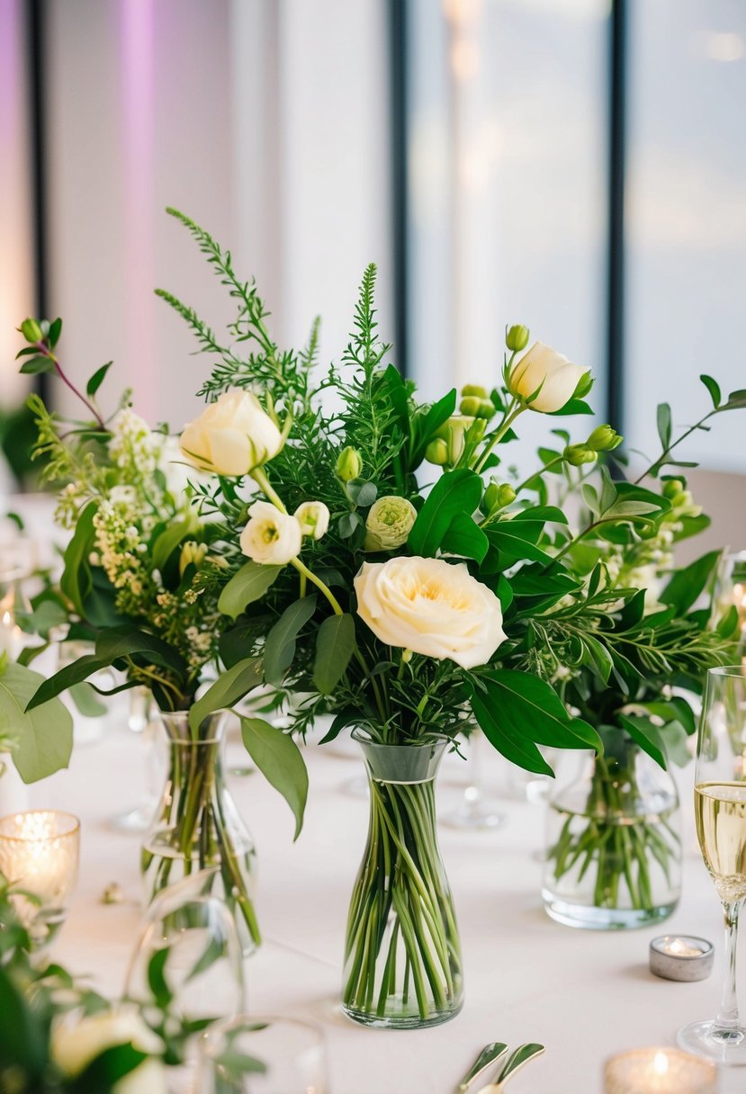 Lush greenery intertwined with delicate floral arrangements in bud vases on a wedding reception table