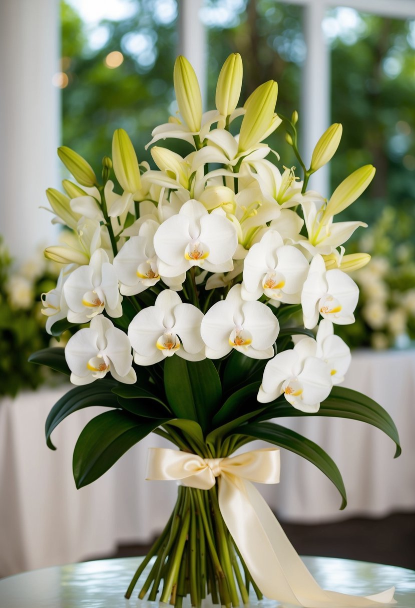 A lush bouquet of delicate white orchids and lilies, tied with ivory ribbon