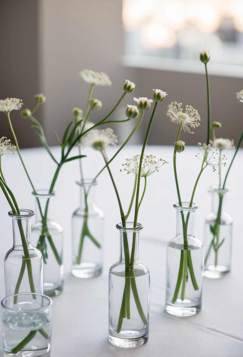 Several clear glass bud vases arranged on a table, each holding a single stem of a delicate flower, creating a minimalist and elegant wedding table decoration