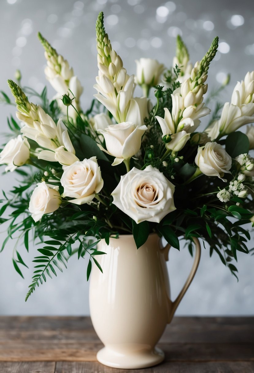 A lush bouquet of ivory freesias, roses, and greenery in a cream-colored vase