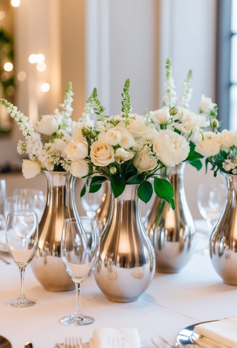 A table adorned with metallic vases filled with delicate blooms, creating an elegant and sophisticated wedding centerpiece