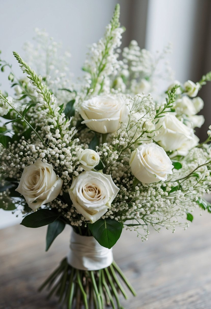 A lush ivory bouquet with delicate sprigs of baby's breath