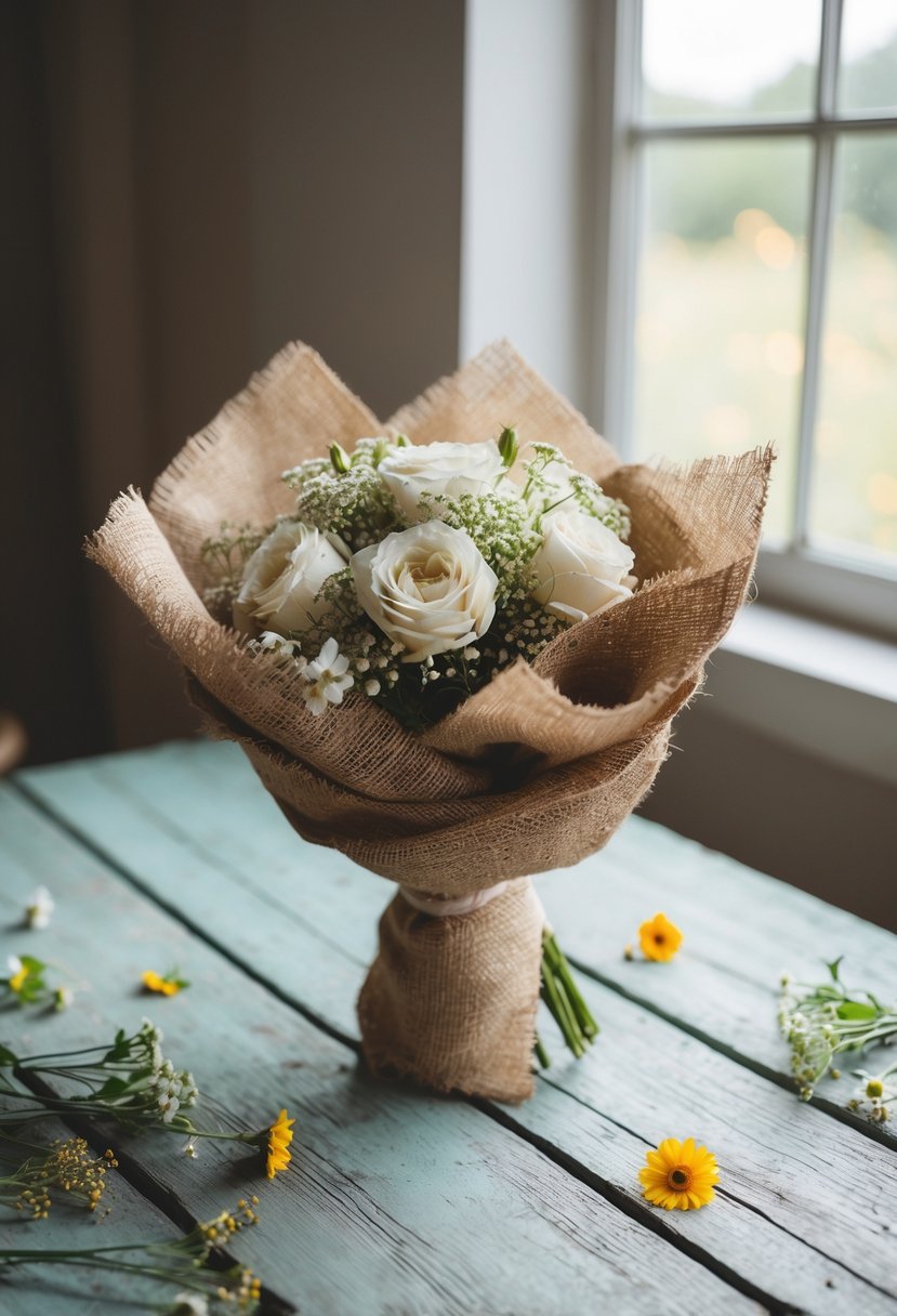 A rustic burlap-wrapped ivory wedding bouquet rests on a weathered wooden table, surrounded by scattered wildflowers and soft, natural light filtering through a nearby window