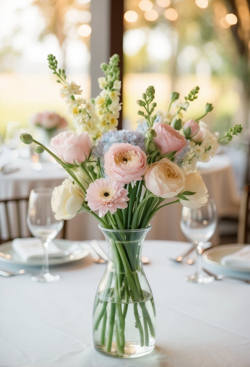 A bud vase filled with pastel-colored flowers sits on a wedding table, creating a soft and dreamy vibe