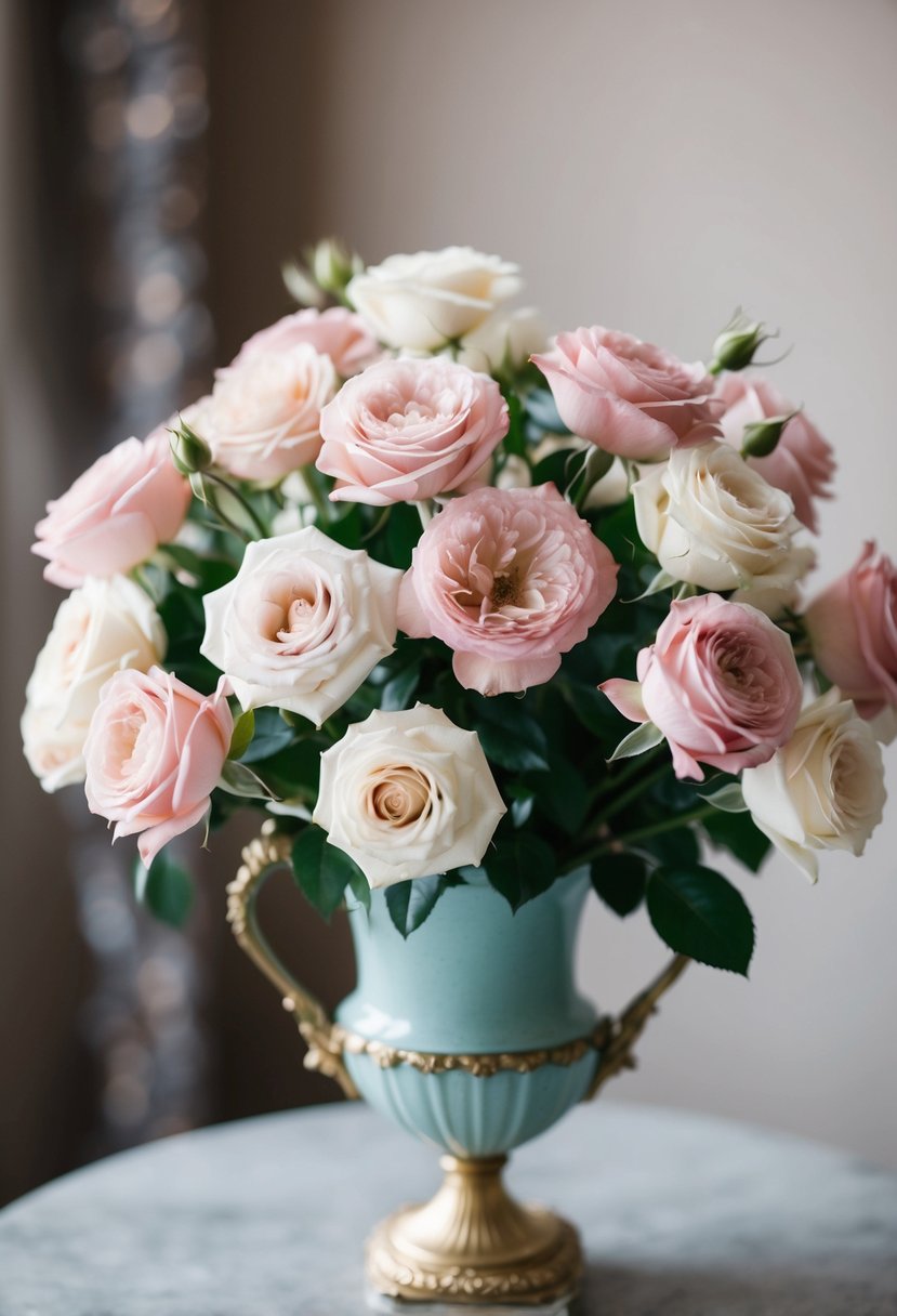 A delicate bouquet of blush pink and ivory roses arranged in a vintage-inspired vase