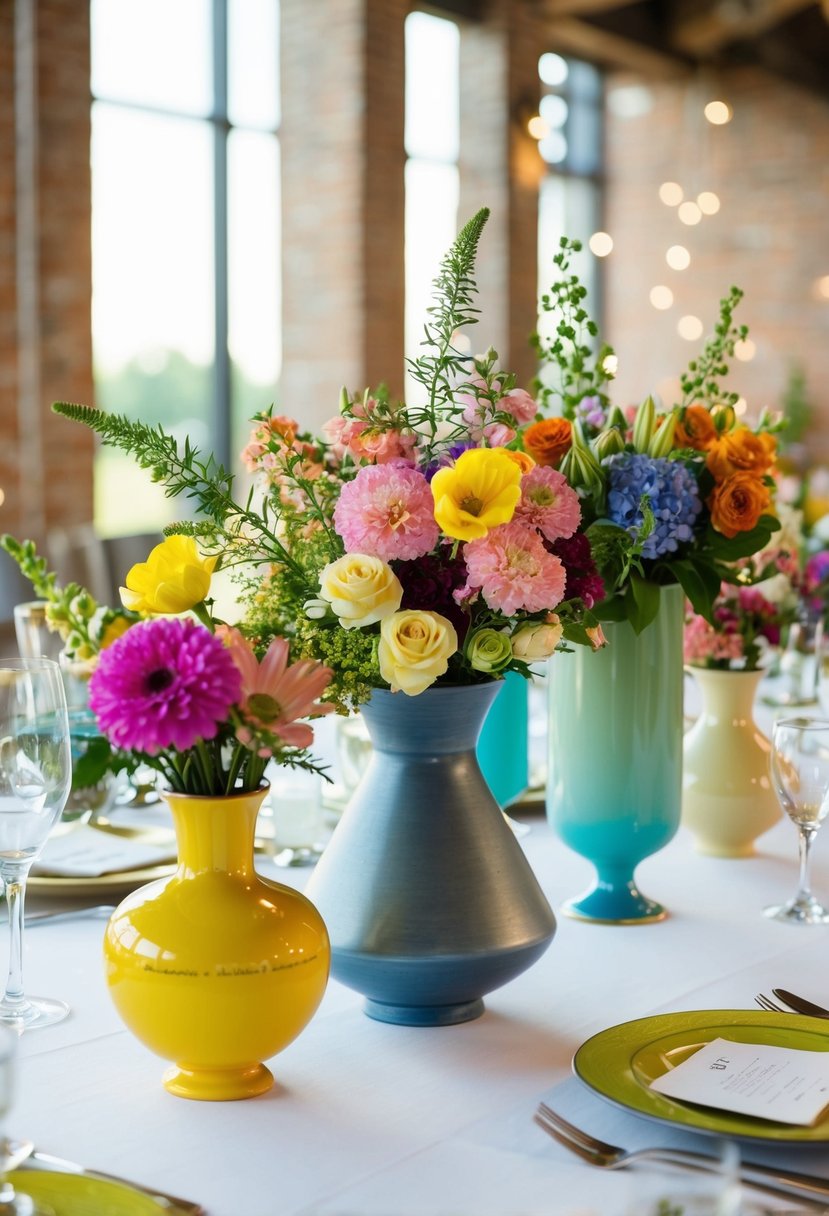 A mix of vintage and modern vases, filled with colorful blooms, arranged on a wedding table