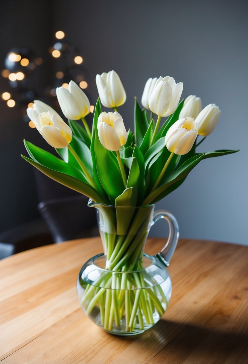 A simple bouquet of ivory tulips in a clear glass vase on a wooden table