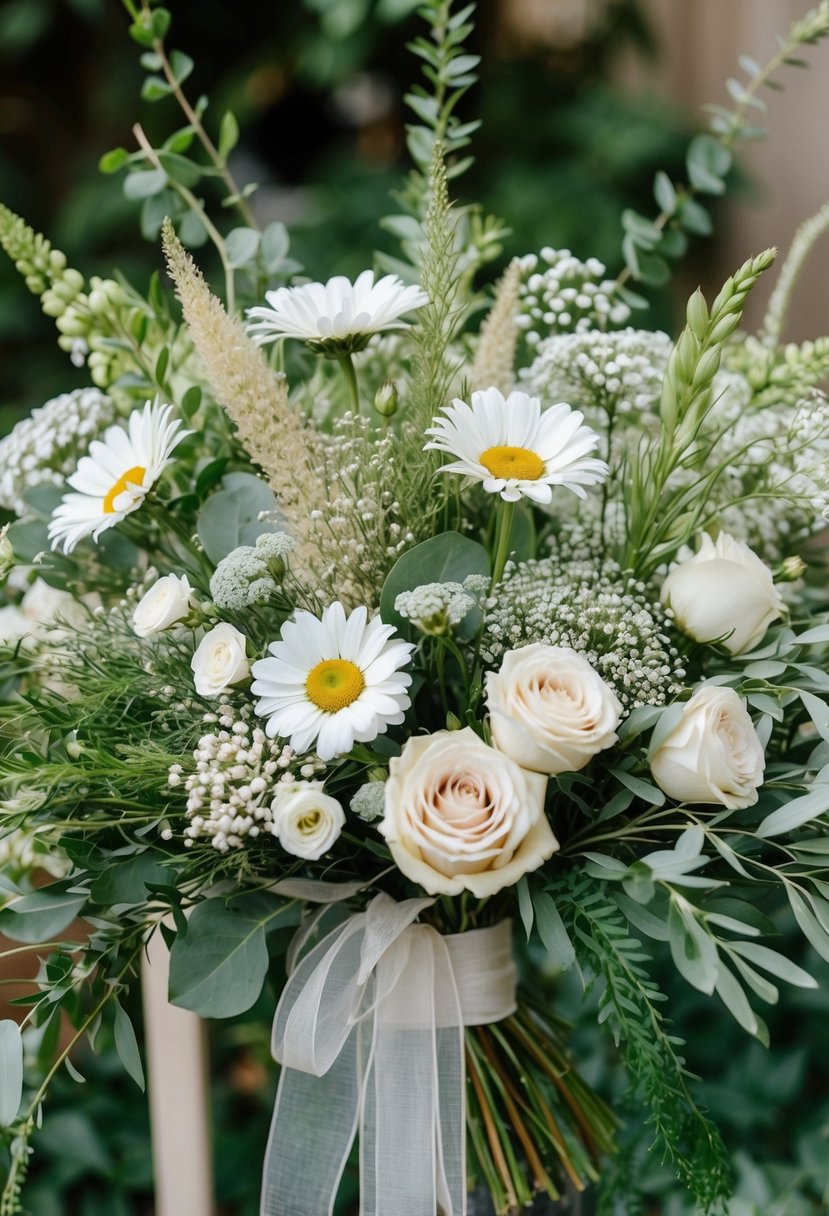 A lush bouquet of ivory wildflowers, including daisies, baby's breath, and roses, arranged in a garden-inspired style with greenery and delicate ribbon