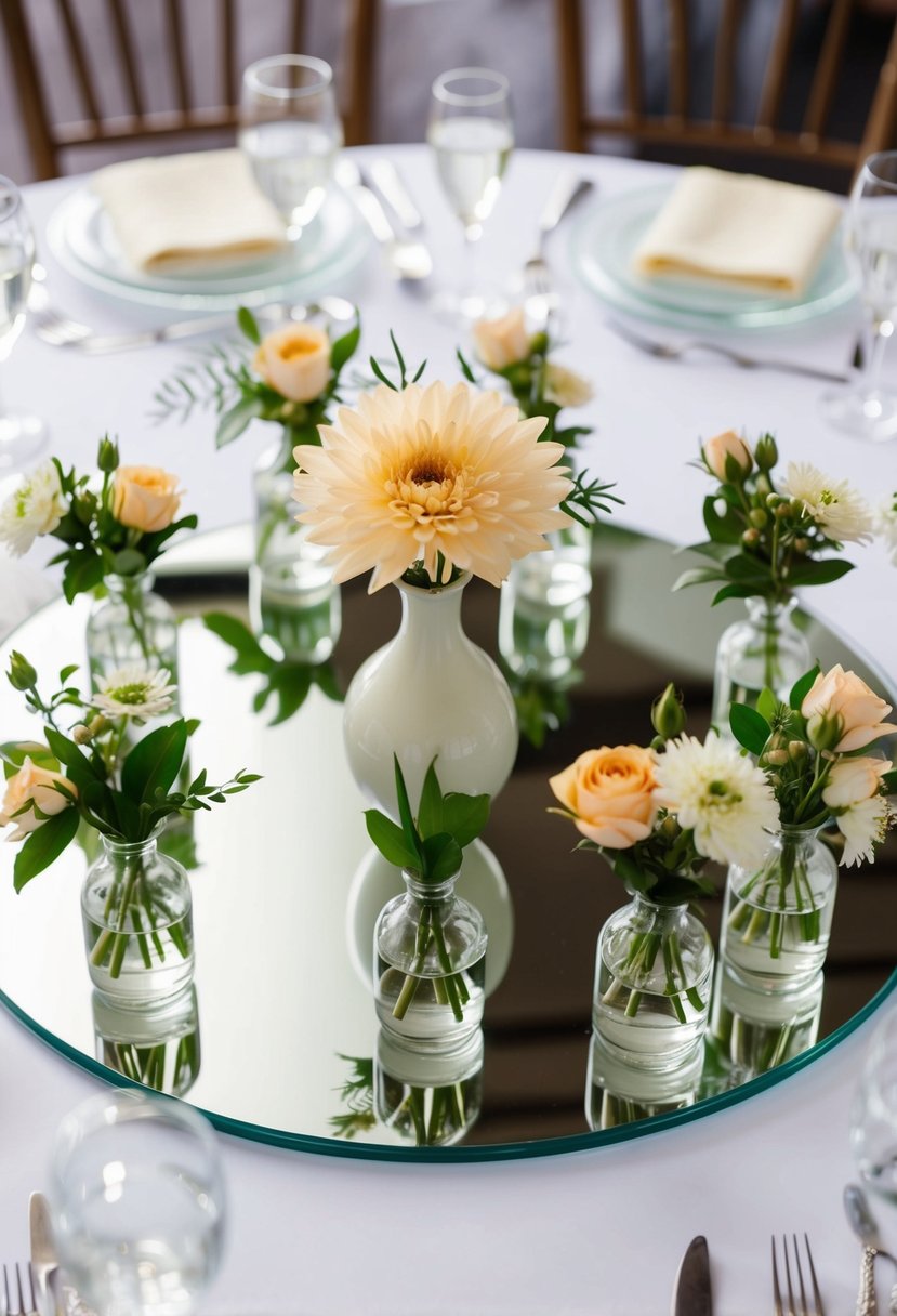 A circular table with a bud vase placed in the center, surrounded by smaller vases with flowers for a wedding table decoration