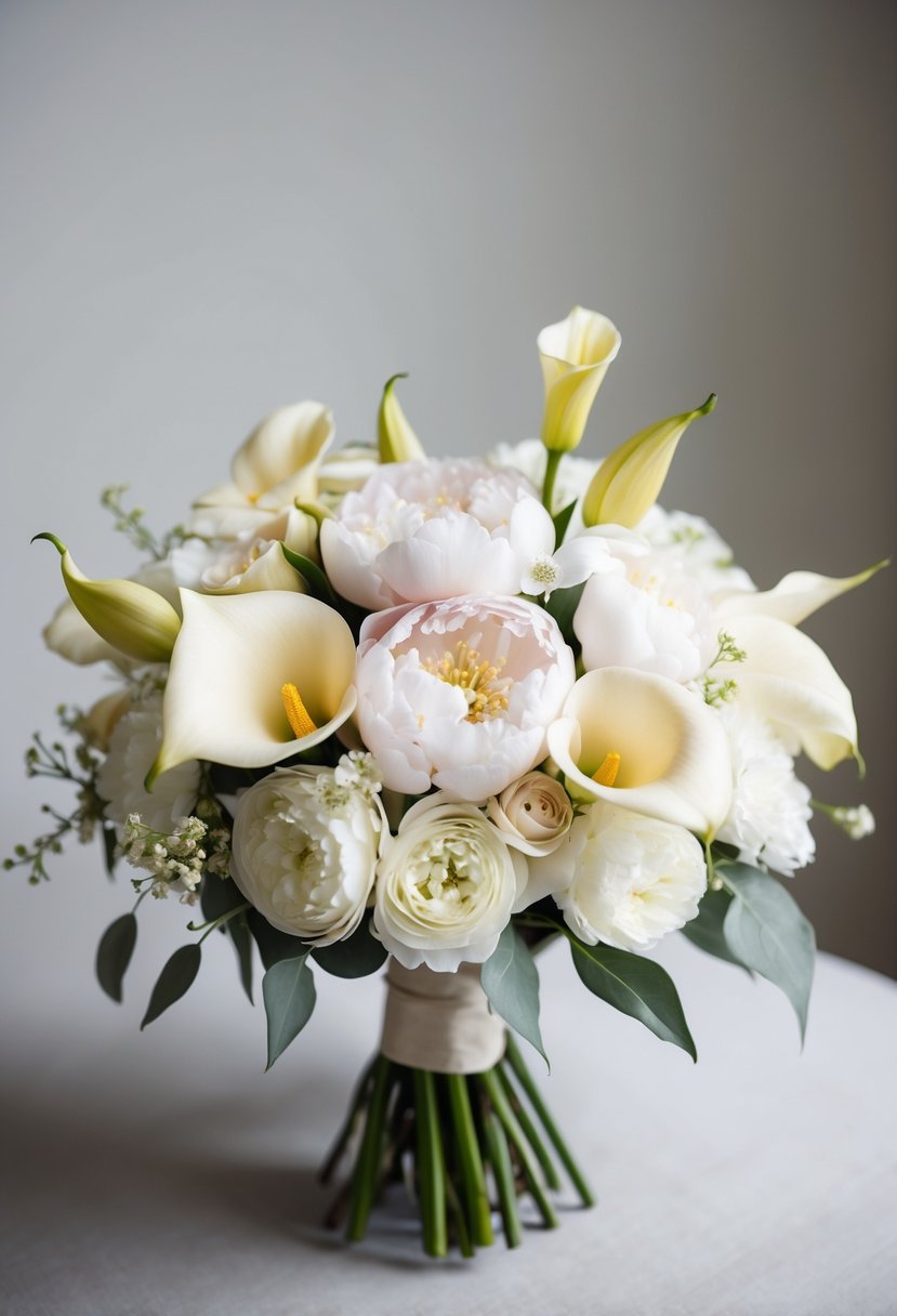 A delicate ivory wedding bouquet with peonies and calla lilies