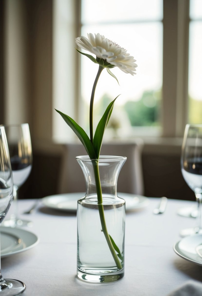 A clear glass bud vase holds a single-stem flower, creating a simple and elegant wedding table decoration