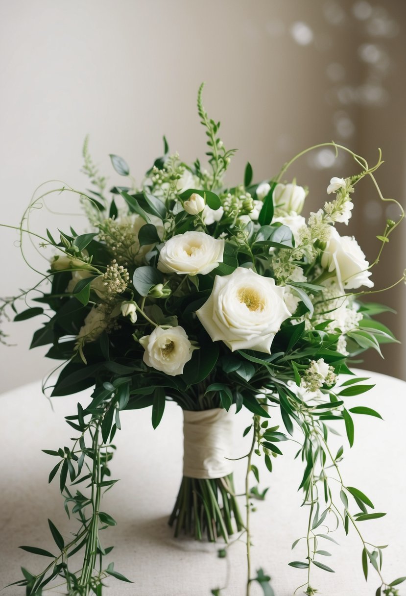 A lush greenery and ivory wedding bouquet, with delicate ivory flowers and trailing vines, set against a soft, romantic background