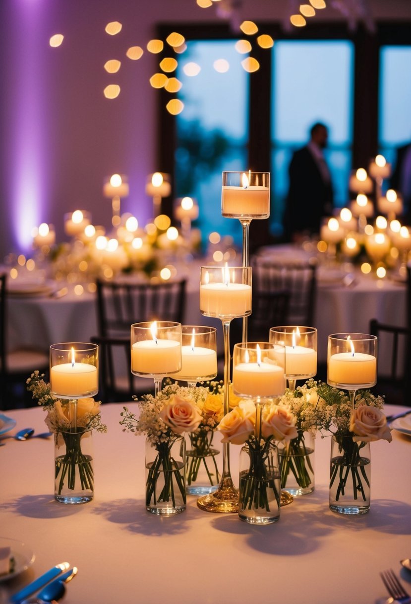 Floating candles illuminate a cluster of bud vases on a wedding table, casting a magical glow over the delicate floral arrangements