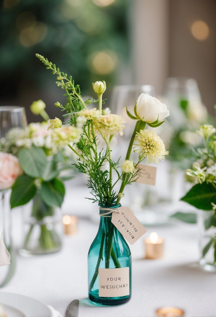 A small bud vase with personalized tags sits on a wedding table, surrounded by delicate flowers and greenery