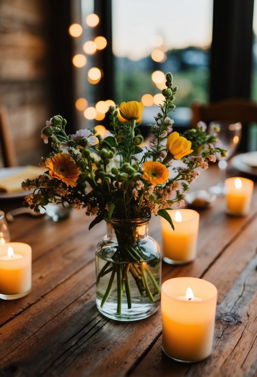 A rustic wooden table adorned with a small bud vase filled with locally sourced blooms, surrounded by flickering candlelight