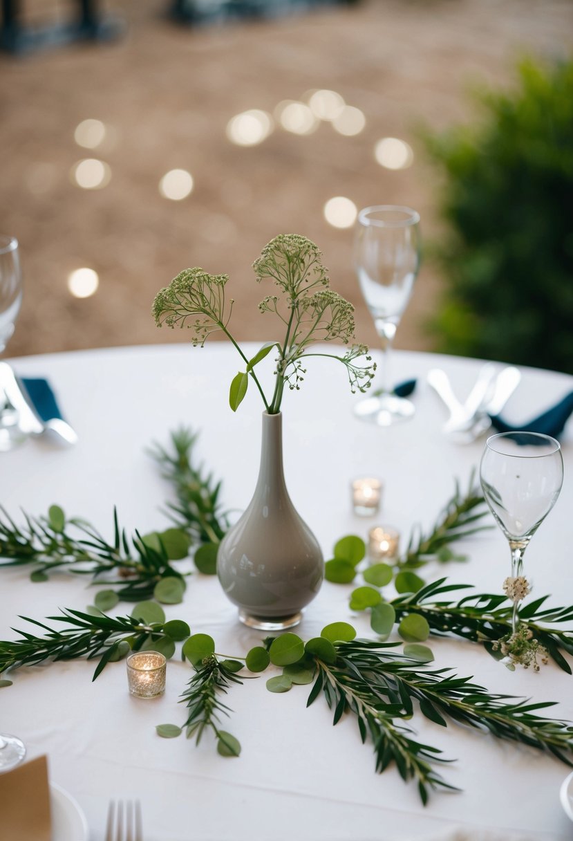 A single bud vase sits off-center on a round wedding table, surrounded by scattered greenery and smaller accents