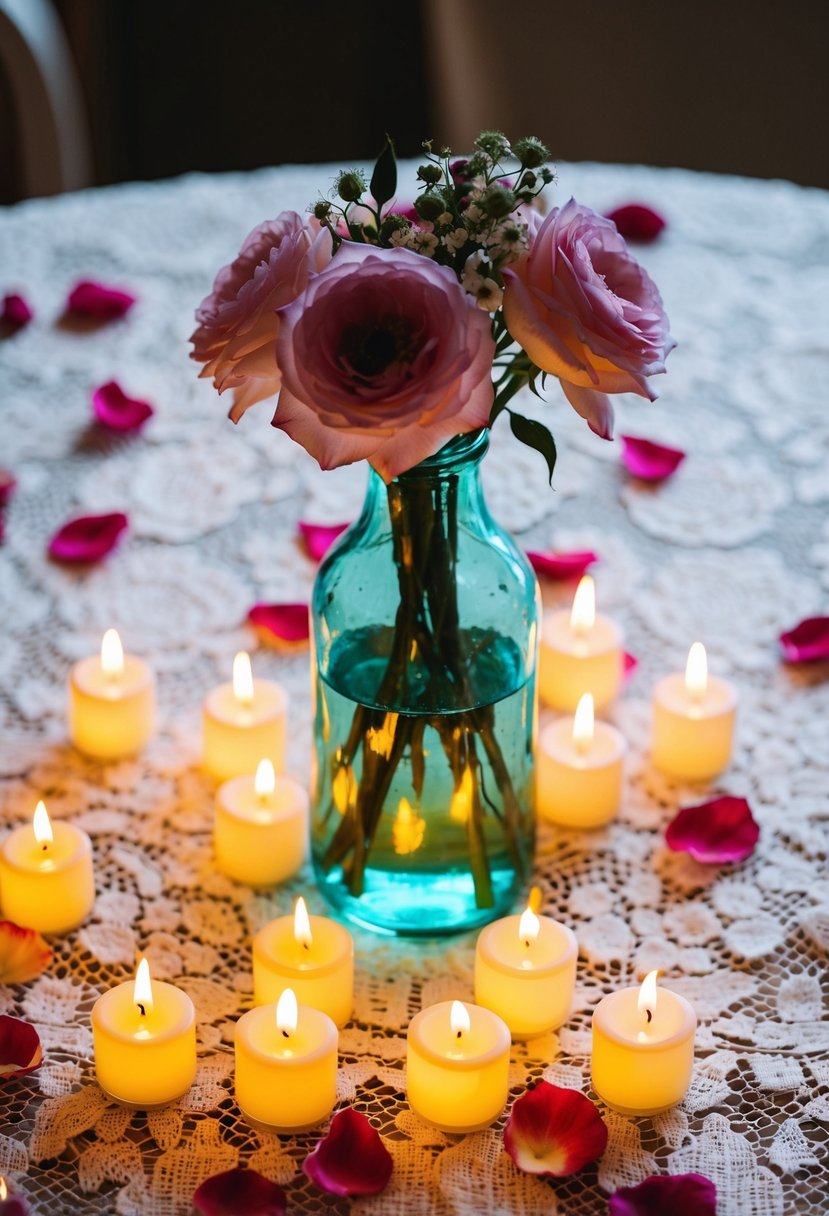 A glass bottle filled with flowers sits atop a lace-covered table, surrounded by flickering tea lights and scattered rose petals