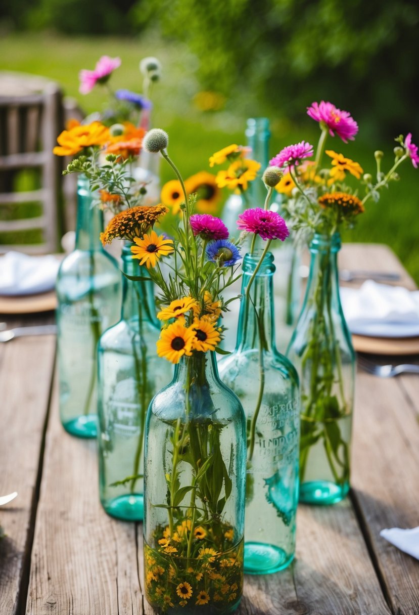 A rustic wooden table adorned with vintage glass bottles filled with colorful wildflowers, creating a charming and nostalgic wedding centerpiece