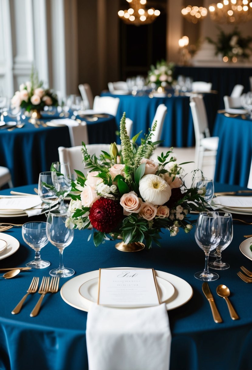 A dark blue table adorned with elegant floral centerpieces and matching place settings