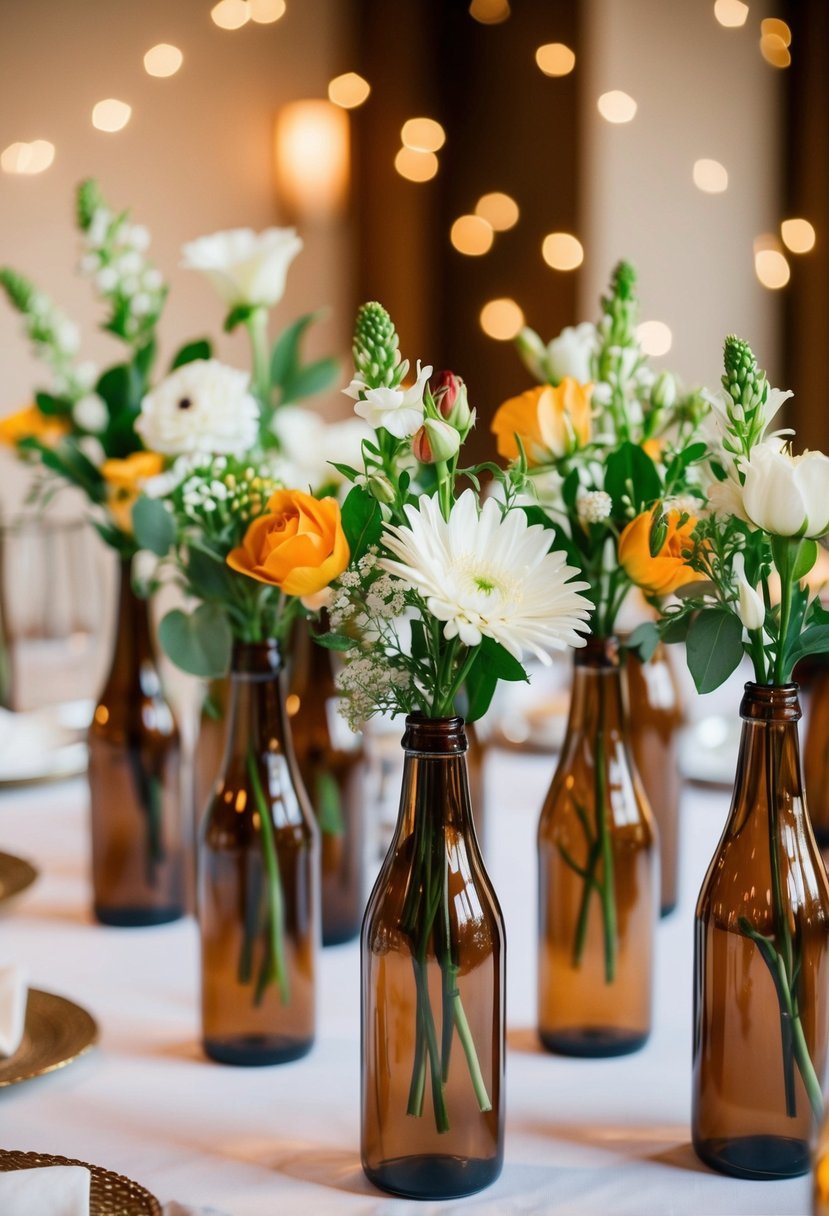 Brown glass bottles filled with fresh flowers arranged on a wedding table