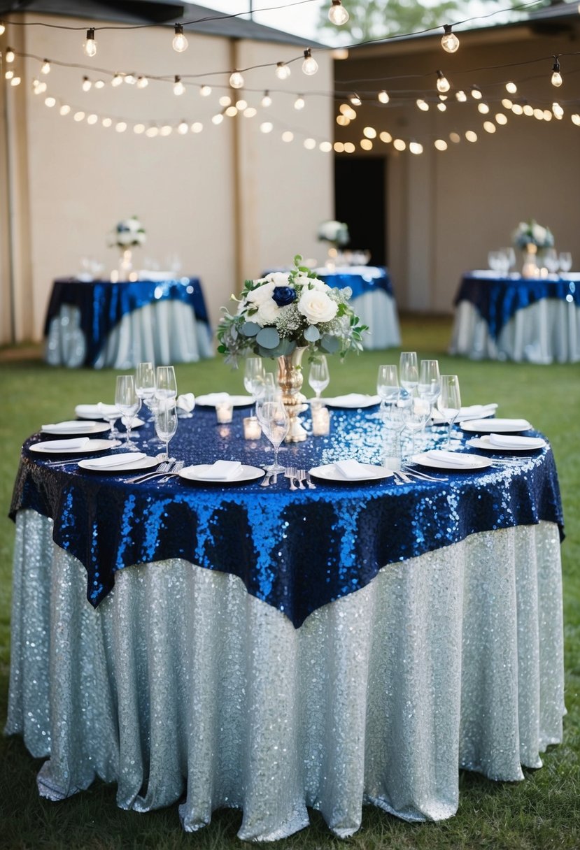 Navy and silver sequined tablecloths adorn a wedding reception table