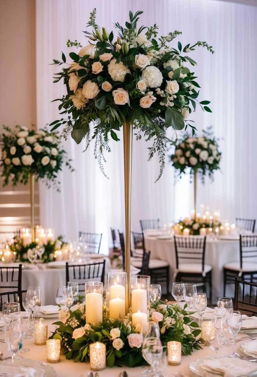 A tall, elegant wedding table adorned with lush floral arrangements, sparkling candles, and delicate lace accents