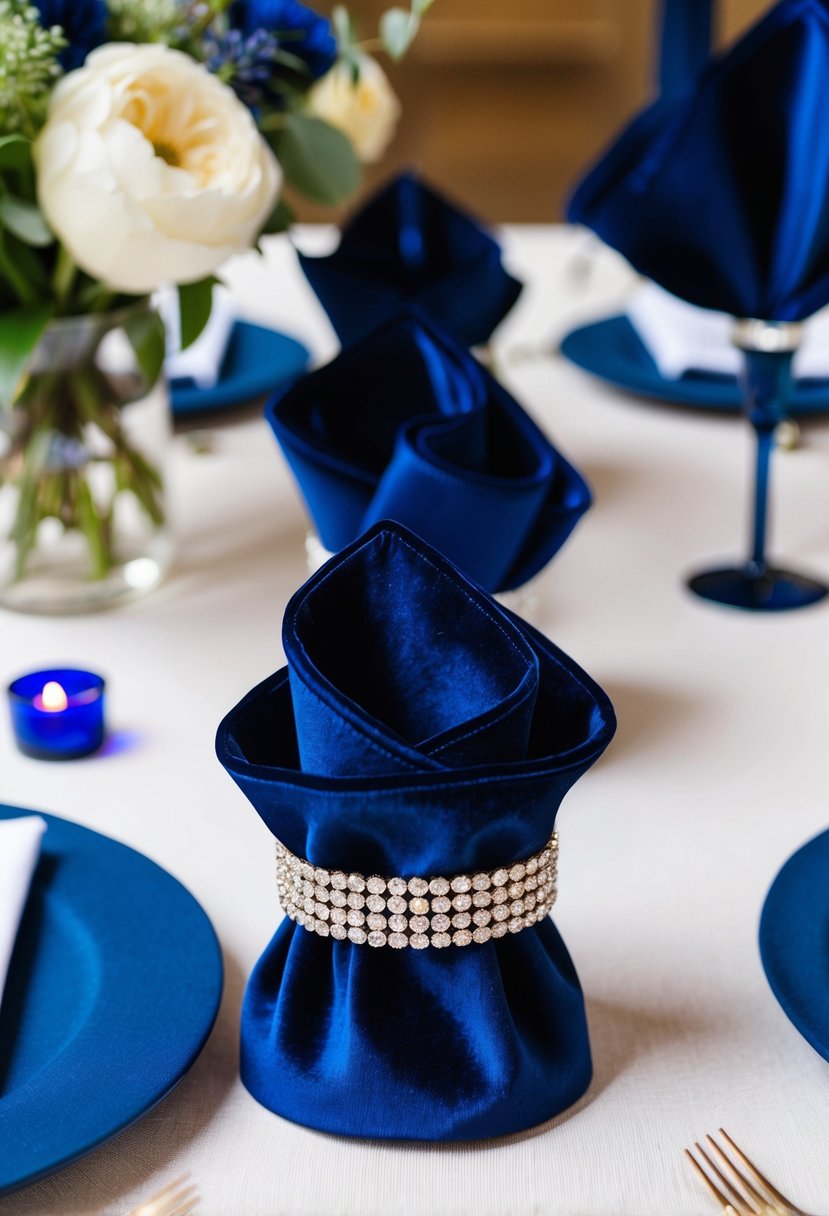 Dark blue velvet napkin rings arranged on a wedding table with matching dark blue decorations