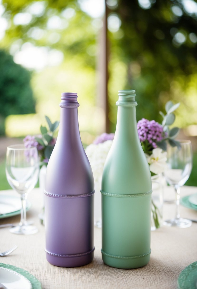 Sage green and lavender glass bottles spray-painted for wedding table decor