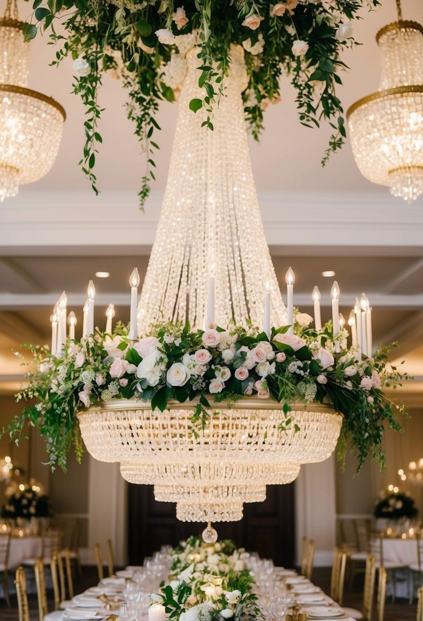 A grand floral chandelier hangs above an elegant wedding table, adorned with lush blooms and greenery, creating a romantic and luxurious atmosphere