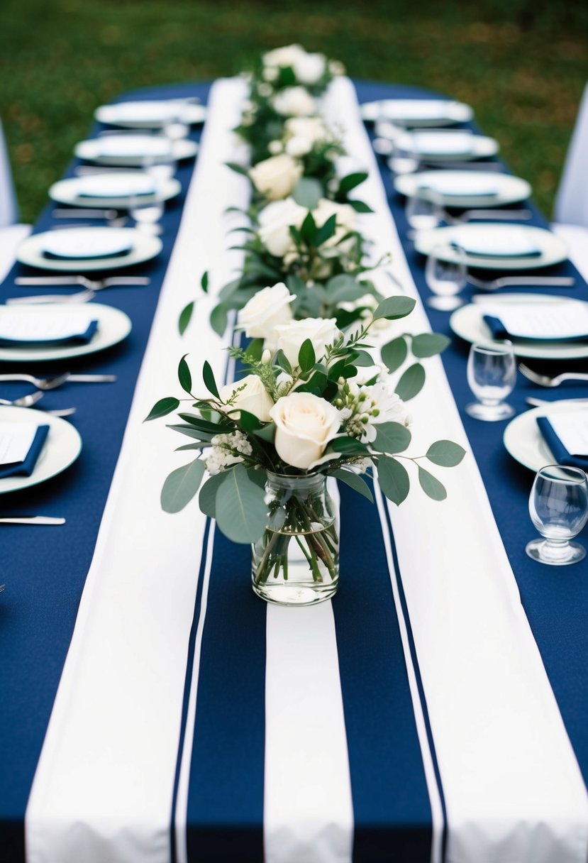 A navy and white striped table runner adorns a dark blue wedding table, adding a touch of elegance to the decor