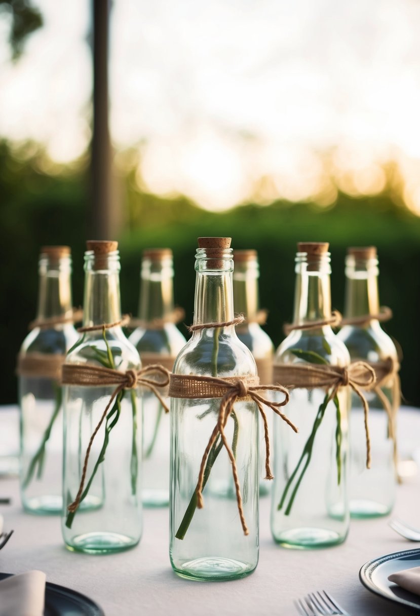 Clear glass bottles tied with twine and ribbon arranged on a wedding table