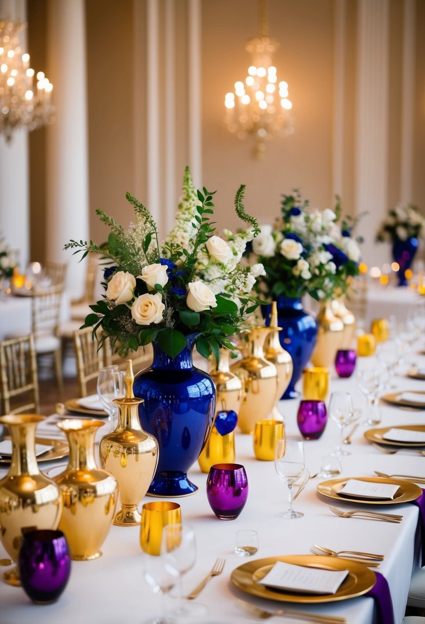 A grand table adorned with gold and jewel-toned vases, creating a luxurious wedding centerpiece