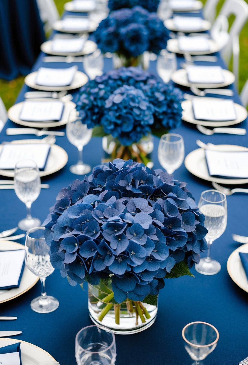 A table adorned with navy blue hydrangeas as centerpieces for a dark blue wedding theme